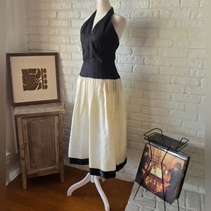Vtg 1950s Linen + Silk Halter Tea Dress, Party, Special Occasion, XS